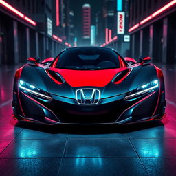 A sleek and futuristic hypercar prominently featuring a shiny Honda logo on the front hood