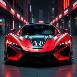 A sleek and futuristic hypercar prominently featuring a shiny Honda logo on the front hood