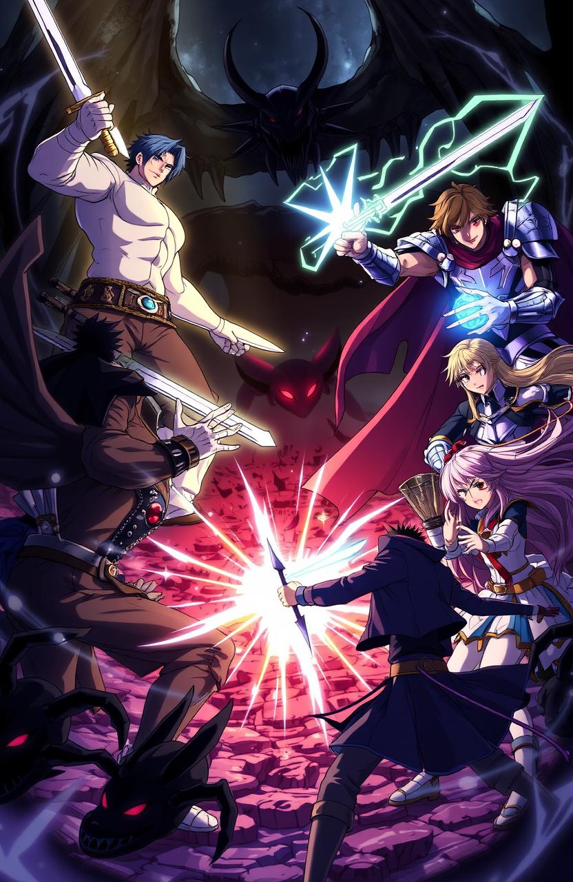 An epic anime scene depicting four heroic male characters and three strong female characters facing off against dark, menacing shadow creatures