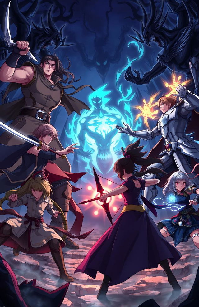 An epic anime scene depicting four heroic male characters and three strong female characters facing off against dark, menacing shadow creatures