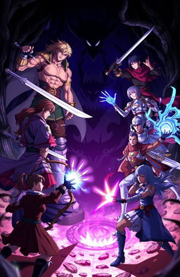 An epic anime scene depicting four heroic male characters and three strong female characters facing off against dark, menacing shadow creatures