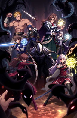 An epic anime scene depicting four heroic male characters and three strong female characters facing off against dark, menacing shadow creatures