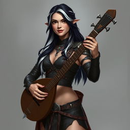 A full-body portrait of a female half-elf bard named Adzira