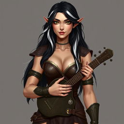 A full-body portrait of a female half-elf bard named Adzira