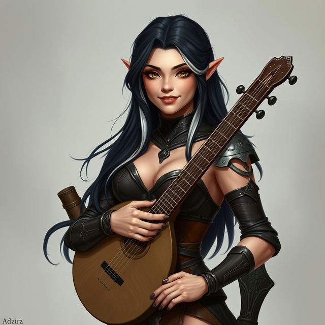 A full-body portrait of a female half-elf bard named Adzira