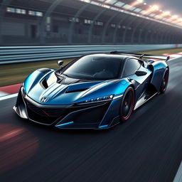 A sleek and futuristic Honda hypercar that combines design elements from the Honda NSX, McLaren P1, and Formula 1 cars