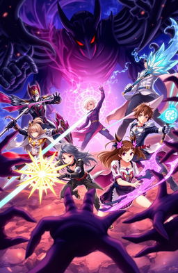 A vibrant anime scene featuring four heroic male characters and three strong female characters engaging in an epic battle against dark, shadowy figures