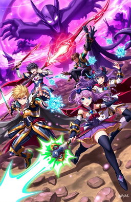 A vibrant anime scene featuring four heroic male characters and three strong female characters engaging in an epic battle against dark, shadowy figures