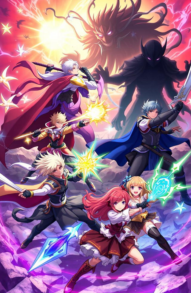 A vibrant anime scene featuring four heroic male characters and three strong female characters engaging in an epic battle against dark, shadowy figures