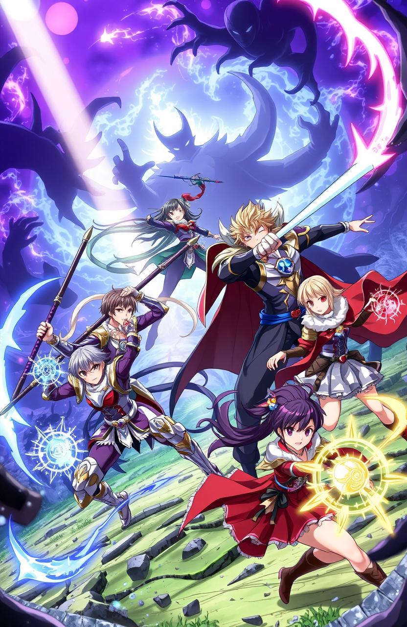 A vibrant anime scene featuring four heroic male characters and three strong female characters engaging in an epic battle against dark, shadowy figures