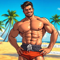 A highly detailed, realistic illustration of a muscular man confidently posing in a relaxed environment