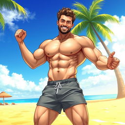 A highly detailed, realistic illustration of a muscular man confidently posing in a relaxed environment