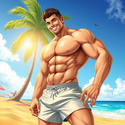 A highly detailed, realistic illustration of a muscular man confidently posing in a relaxed environment