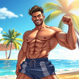 A highly detailed, realistic illustration of a muscular man confidently posing in a relaxed environment
