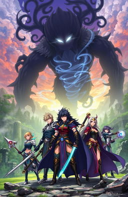 An anime scene featuring five strong male warriors and three fierce female warriors united together to battle a menacing shadow creature in a mystical landscape