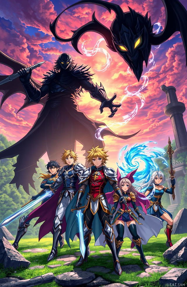 An anime scene featuring five strong male warriors and three fierce female warriors united together to battle a menacing shadow creature in a mystical landscape