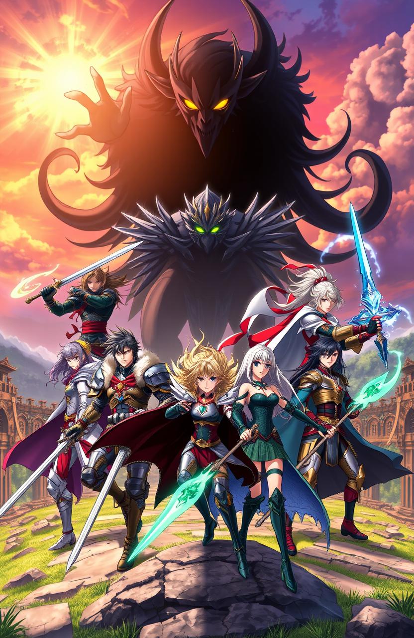 An anime scene featuring five strong male warriors and three fierce female warriors united together to battle a menacing shadow creature in a mystical landscape