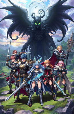 An anime scene featuring five strong male warriors and three fierce female warriors united together to battle a menacing shadow creature in a mystical landscape