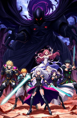 An epic anime scene featuring five male warriors and three female warriors fighting against a large, ominous shadow creature