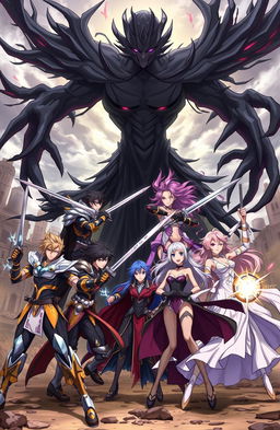 An epic anime scene featuring five male warriors and three female warriors fighting against a large, ominous shadow creature