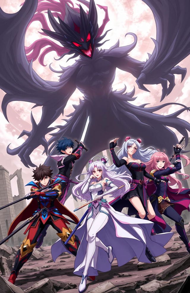 An epic anime scene featuring five male warriors and three female warriors fighting against a large, ominous shadow creature