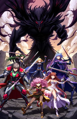 An epic anime scene featuring five male warriors and three female warriors fighting against a large, ominous shadow creature