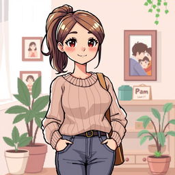 A pixel art character depicting a nurturing and stylish mom for a visual novel