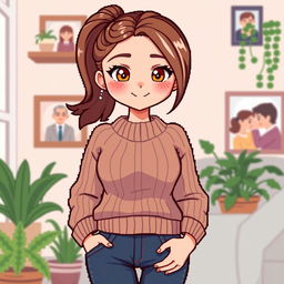 A pixel art character depicting a nurturing and stylish mom for a visual novel