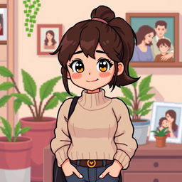 A pixel art character depicting a nurturing and stylish mom for a visual novel