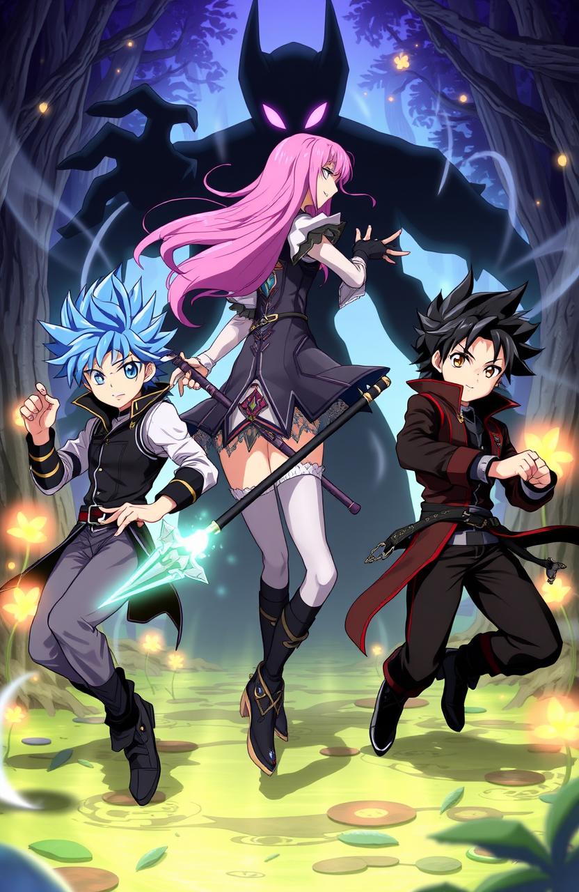 An anime scene featuring two boys and one girl battling against a shadowy creature