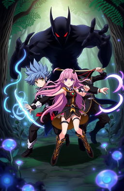 An anime scene featuring two boys and one girl battling against a shadowy creature