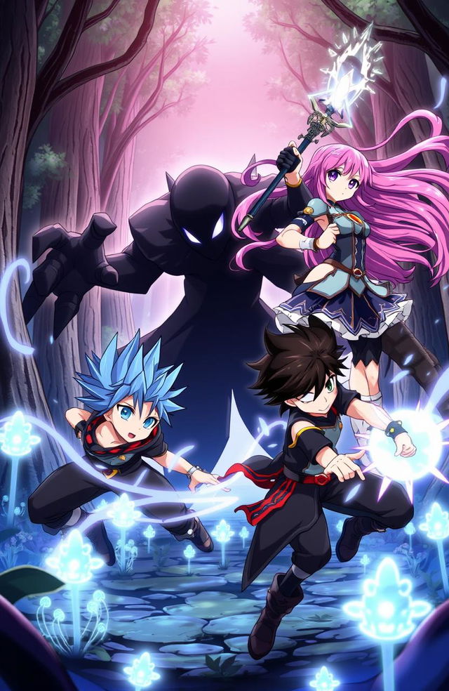 An anime scene featuring two boys and one girl battling against a shadowy creature