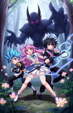 An anime scene featuring two boys and one girl battling against a shadowy creature