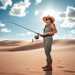 A strong and determined female fisherman standing in a vast desert landscape
