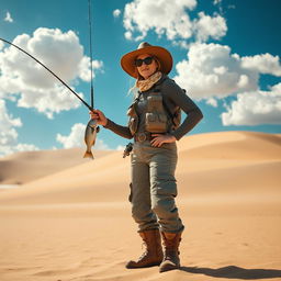 A strong and determined female fisherman standing in a vast desert landscape