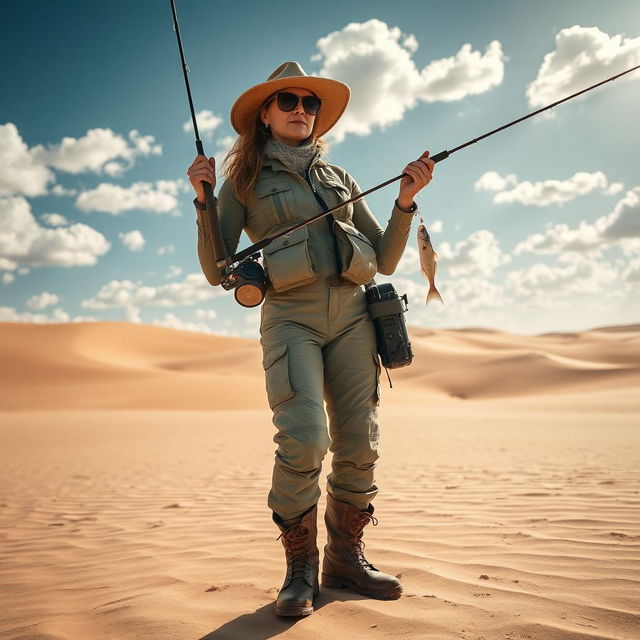 A strong and determined female fisherman standing in a vast desert landscape