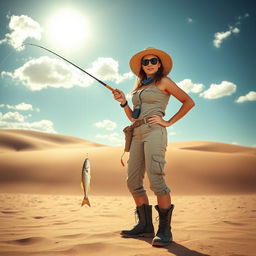 A strong and determined female fisherman standing in a vast desert landscape