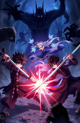 A dynamic battle scene featuring two male characters and one female character in an anime style, actively fighting against ominous shadow creatures