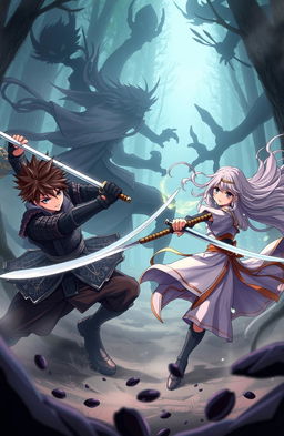 A dynamic battle scene featuring two male characters and one female character in an anime style, actively fighting against ominous shadow creatures