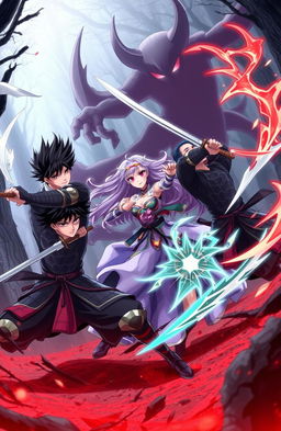 A dynamic battle scene featuring two male characters and one female character in an anime style, actively fighting against ominous shadow creatures