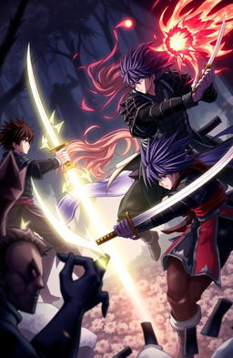 A dynamic battle scene featuring two male characters and one female character in an anime style, actively fighting against ominous shadow creatures