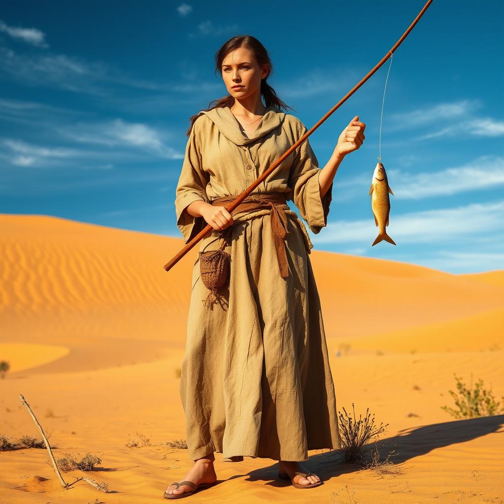 A female medieval fisherman standing in an expansive desert landscape