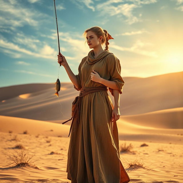 A female medieval fisherman standing in an expansive desert landscape