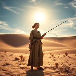 A female medieval fisherman standing in an expansive desert landscape