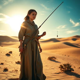A female medieval fisherman standing in an expansive desert landscape
