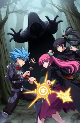 An anime scene featuring two male characters and one female character battling against a dark, shadowy entity