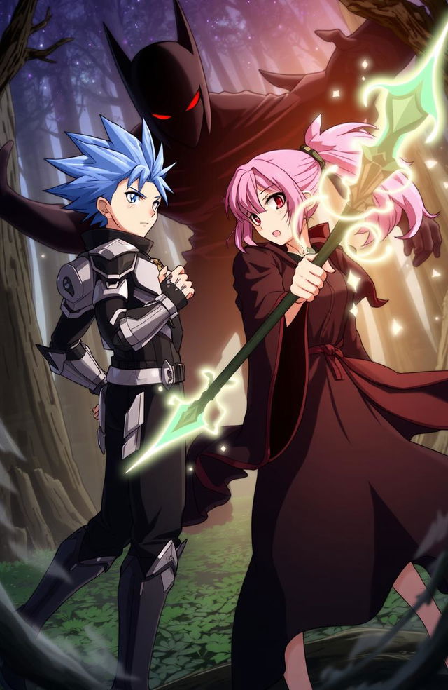 An anime scene featuring two male characters and one female character battling against a dark, shadowy entity