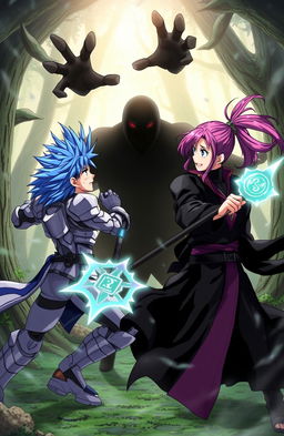 An anime scene featuring two male characters and one female character battling against a dark, shadowy entity