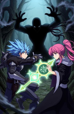 An anime scene featuring two male characters and one female character battling against a dark, shadowy entity