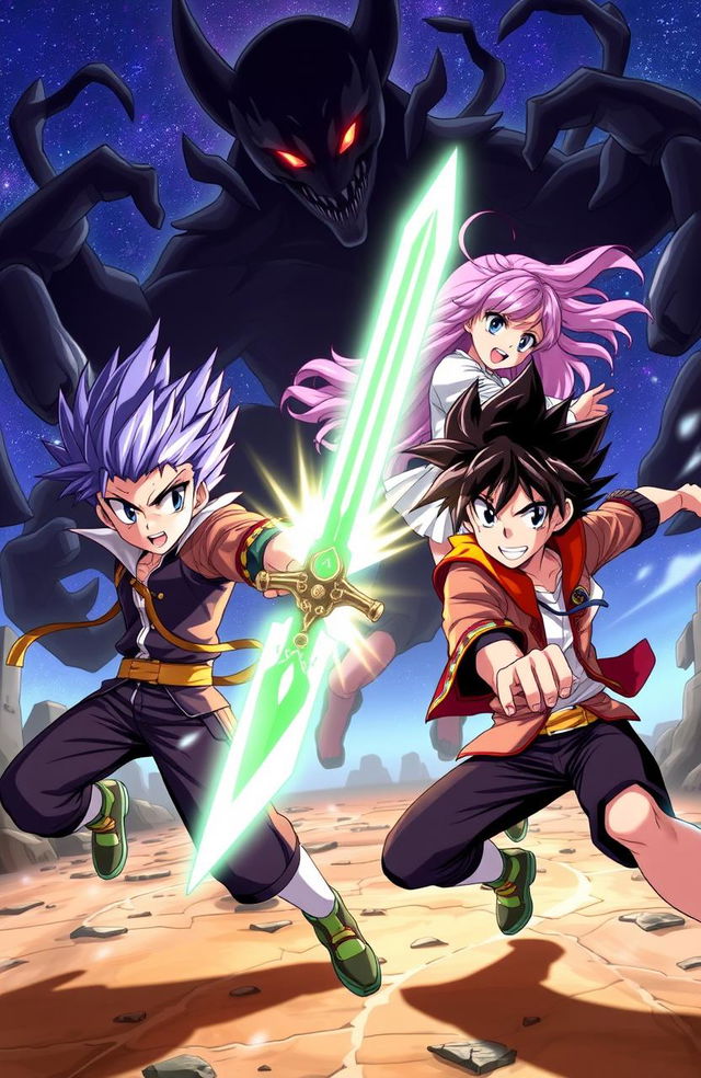 An exciting anime scene featuring two young male heroes and one female hero battling against a dark, shadowy creature